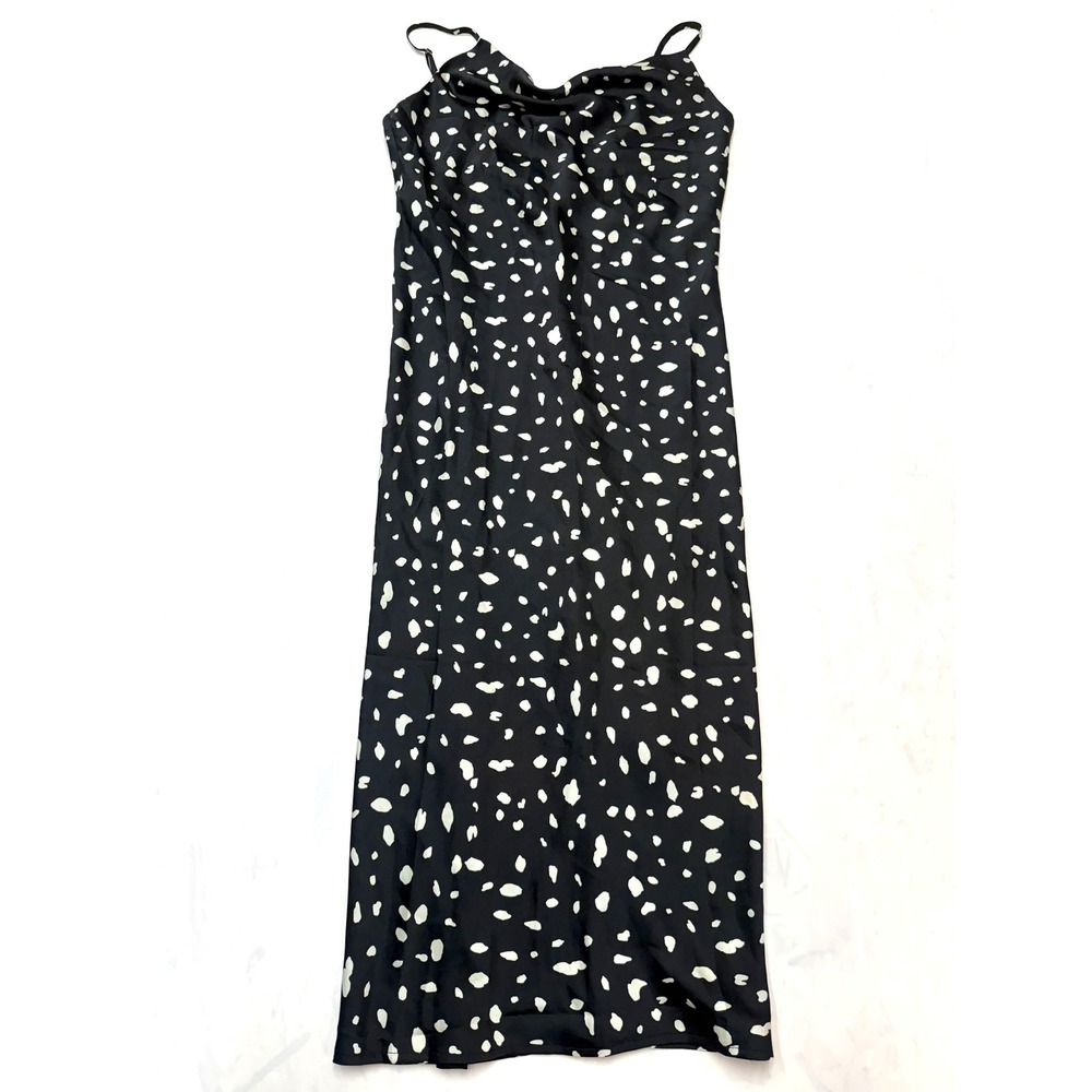 BLUIVY Womens Small Black White Polka Dot Cowl Neck Sleeveless Midi Slip Dress
